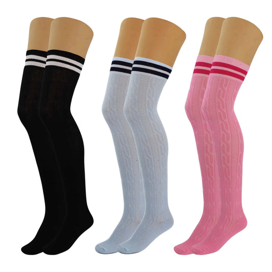 3 Pairs Women’S Colorful Thigh-High Over-The-Knee Boot Socks – Soft, Stretchy, Warm Knitted Stockings, Size 5-10